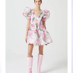 Porterist Rose pattern V-Neck Organza Watermelon sleeve mini dress